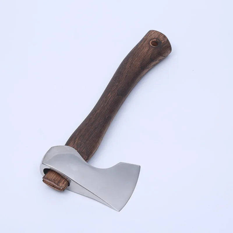 Camping axe with wooden handle and high carbon steel head on a log, showing its 250mm length.