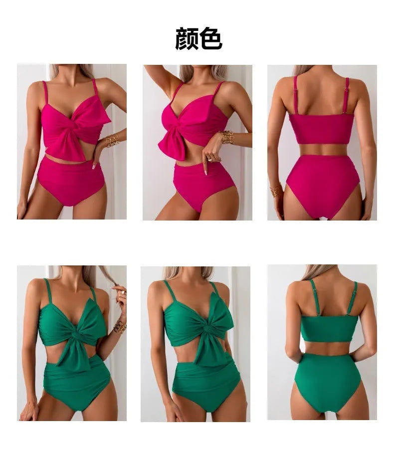 Women's big bow print bikini and swim trunks set in nylon fabric showing colour options