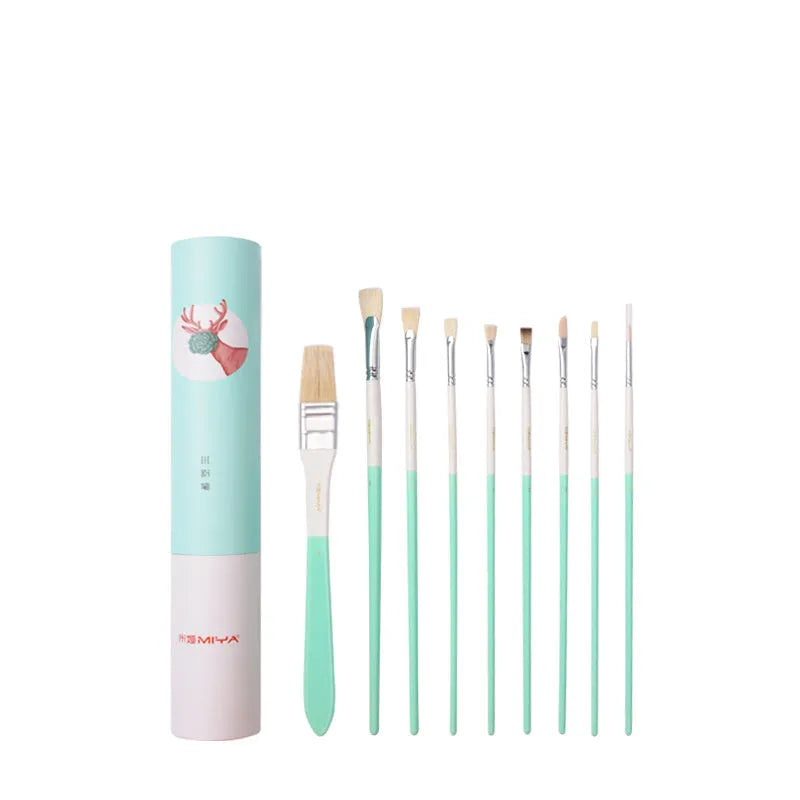 Acrylic gouache painting kit with fan-shaped brushes, a wide bristle brush, and nylon paint tube.