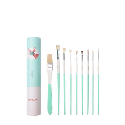 Acrylic gouache painting kit with fan-shaped brushes, a wide bristle brush, and nylon paint tube.