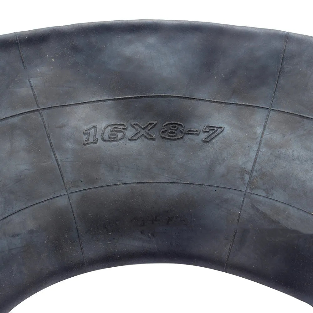 Two 16x8.00-7 inner tubes with TR13 straight valve stems and four black dust caps on a white background.