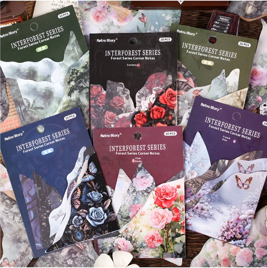 DIY craft set with 20 floral note sheets and matching printed bookmarks in six colours.