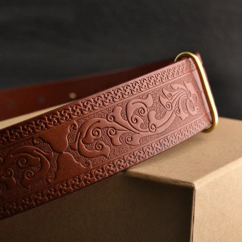 Men's leather belt with woven pattern and embossed buckle head, available in reddish brown and yellow brown