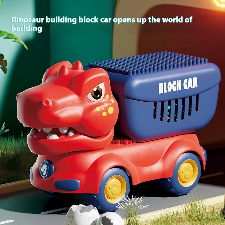 Large particle dinosaur building blocks on wheels for 4-6 year old children with complete vehicle assembly