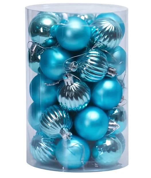 34 Christmas tree ball ornaments in assorted colours with 6cm diameter plastic construction