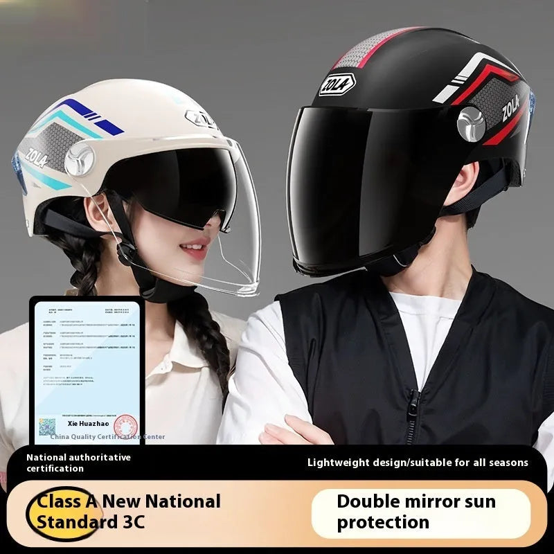 Men's and women's battery motorcycle half helmet with double mirror visor in light brown colour, 3C-certified ABS construction