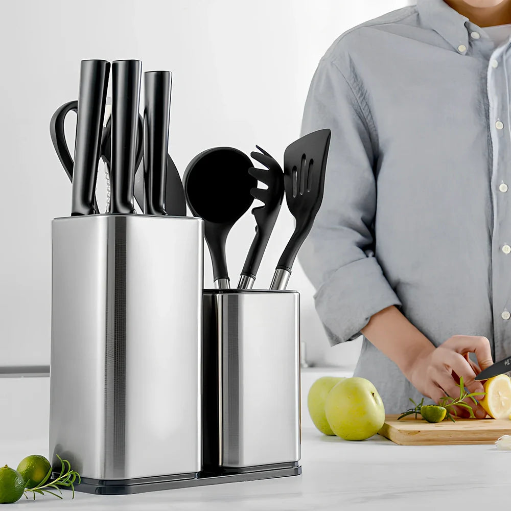 Stainless steel knife holder storage bucket with free insertion design for kitchen organisation