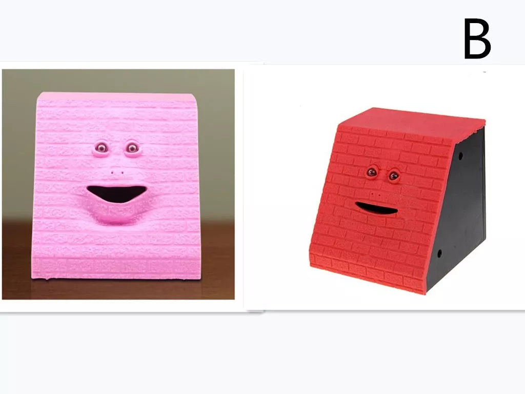 Face Intelligent Induction Electric Piggy Bank with realistic money-eating action in brick blue, pink, or red