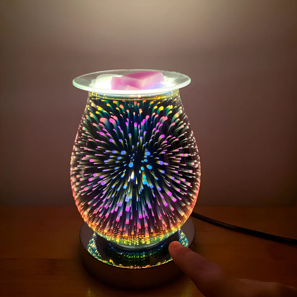 Glass aromatherapy lamp with firework-coloured surface projecting light patterns, touch sensor base, 15cm height