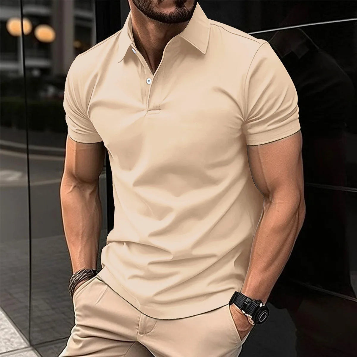 Men's solid colour short sleeve polo shirt with button collar in cotton mix fabric