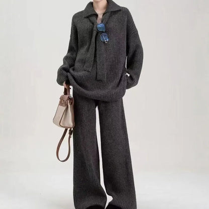 Sweater suit set with top and trousers in acrylic fibre imitation cashmere fabric, available in dark grey, grey, beige, or dark coffee