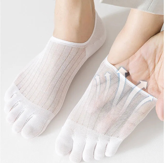 Pair of white five-finger ultra-thin modal boat socks laid flat, showing toe separation and non-slip heel detail.