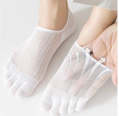 Pair of solid colour modal five-finger boat socks laid flat, showing individual toe compartments and low-cut design.