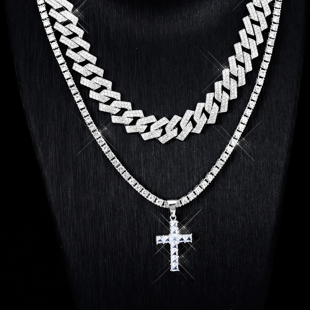Zircon cross pendant necklace with Miami curb Cuban chain in gold and silver