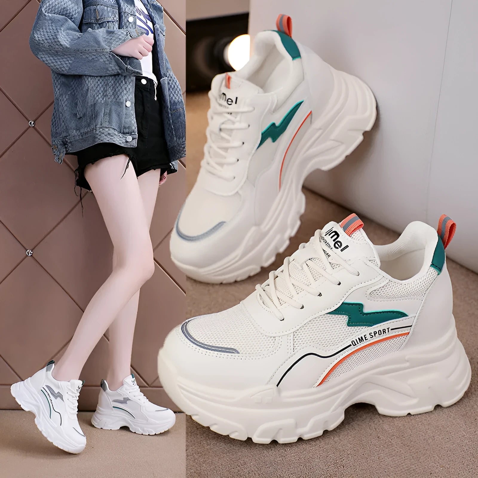 Women's white and beige height increasing dad shoes with lace-up front and rubber sole