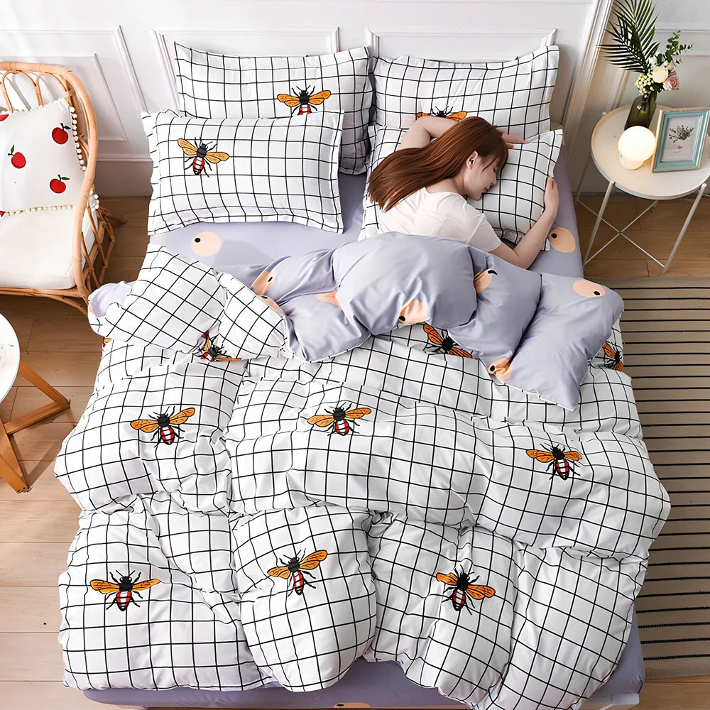 Aloe cotton bedding set with cartoon patterns, available in four colours for UK bed sizes 0.9m to 2.2m
