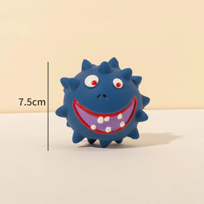Four coloured natural latex dog balls with textured surfaces and cute faces, each measuring 7.5cm in diameter