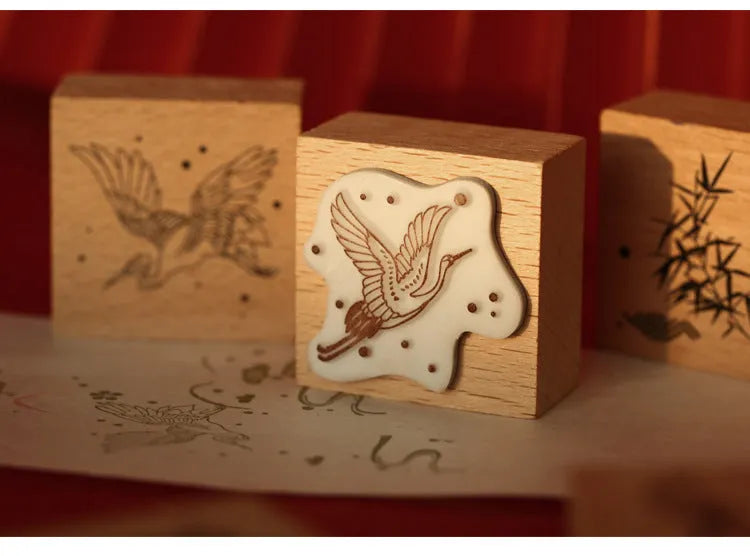 Mr. Paper wooden handle rubber stamp with crane design for DIY crafting.