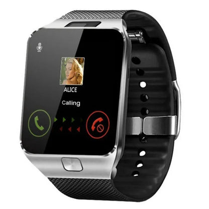 Smart watch with touch screen showing call interface, on a wrist strap.