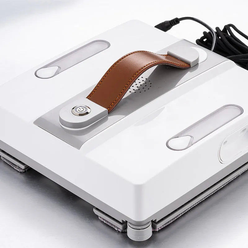 White window cleaning robot with 4 spray nozzles, dimensions 220mm x 220mm x 70mm, for automated high-rise window maintenance