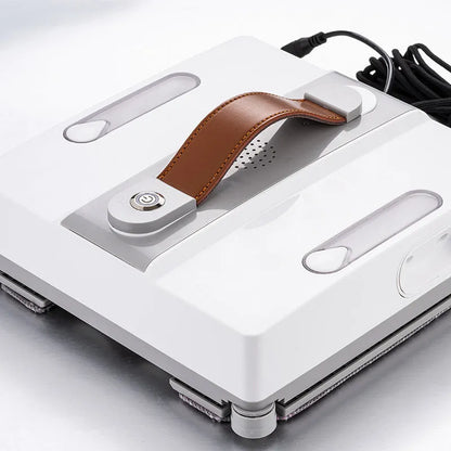 White window cleaning robot with 4 spray nozzles, dimensions 220mm x 220mm x 70mm, for automated high-rise window maintenance