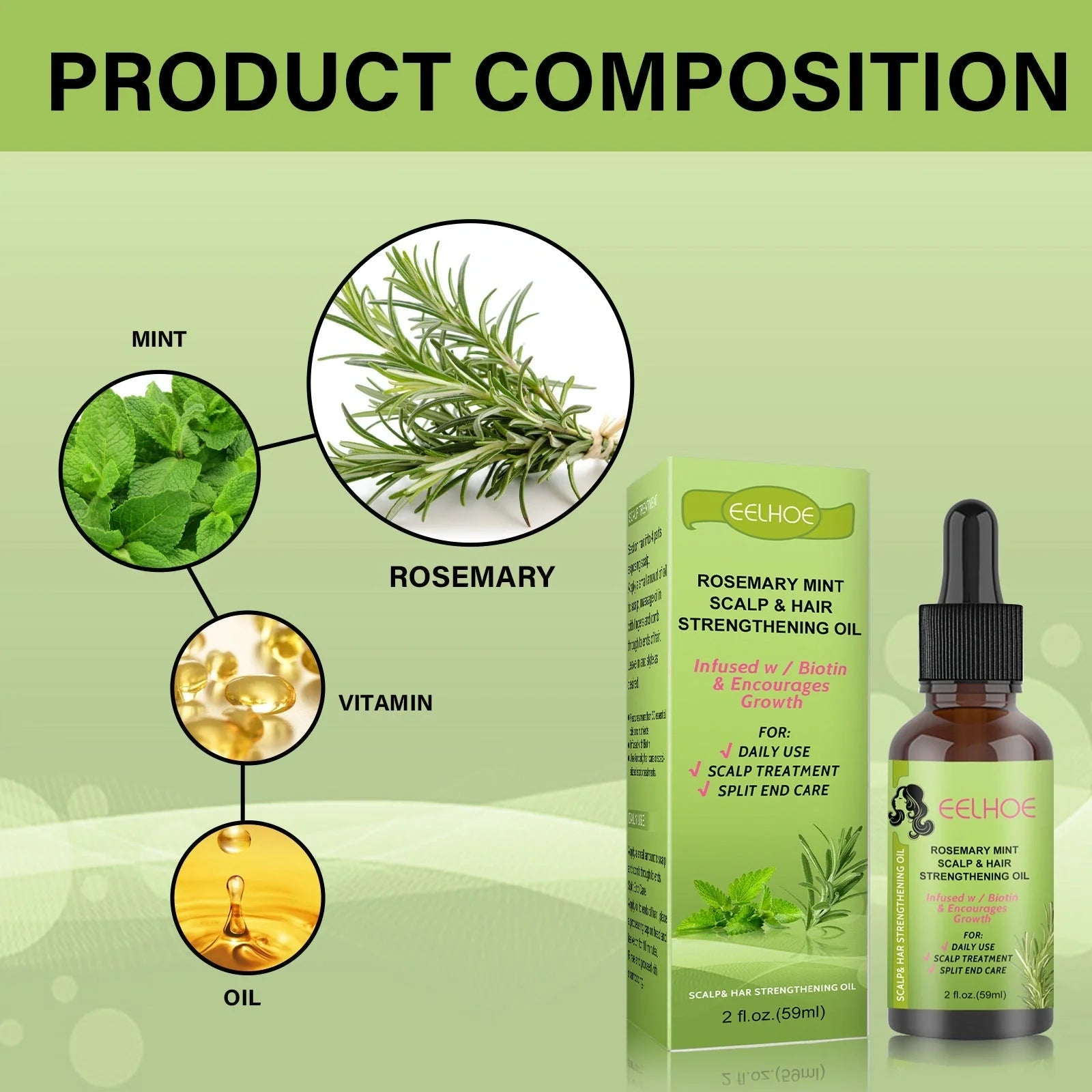 Rosemary Mint Hair Growth Oil bottle with natural ingredients for scalp massage and hair growth
