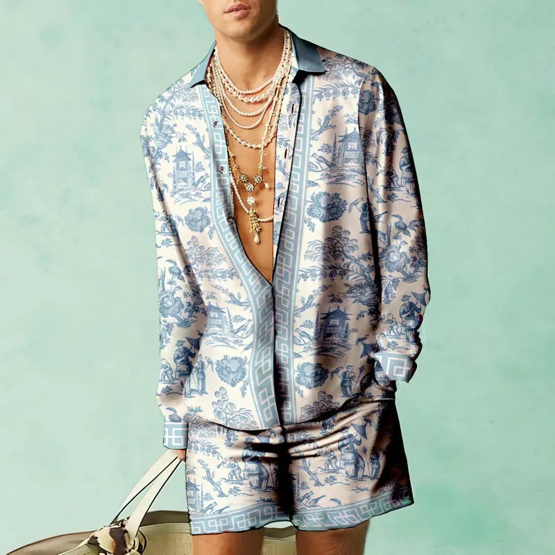 Men's slim fit summer shirt and shorts set in polyester with long sleeves, available in multiple colours