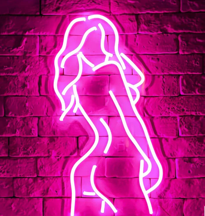 Pink acrylic LED neon wall sign measuring 25cm wide with USB cable connection