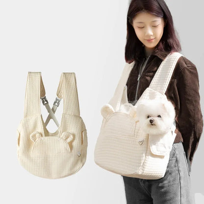 Grey square plaid quilted pet diaper backpack worn cross-chest, dimensions 38cm by 14cm by 41cm.