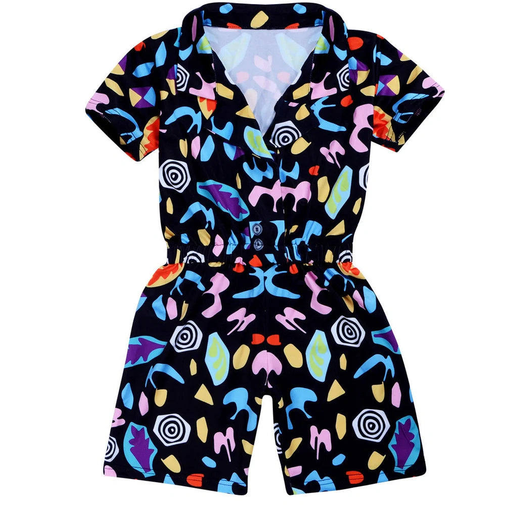 Girls' black cotton jumpsuit with cartoon pattern and short sleeves, shown on hanger