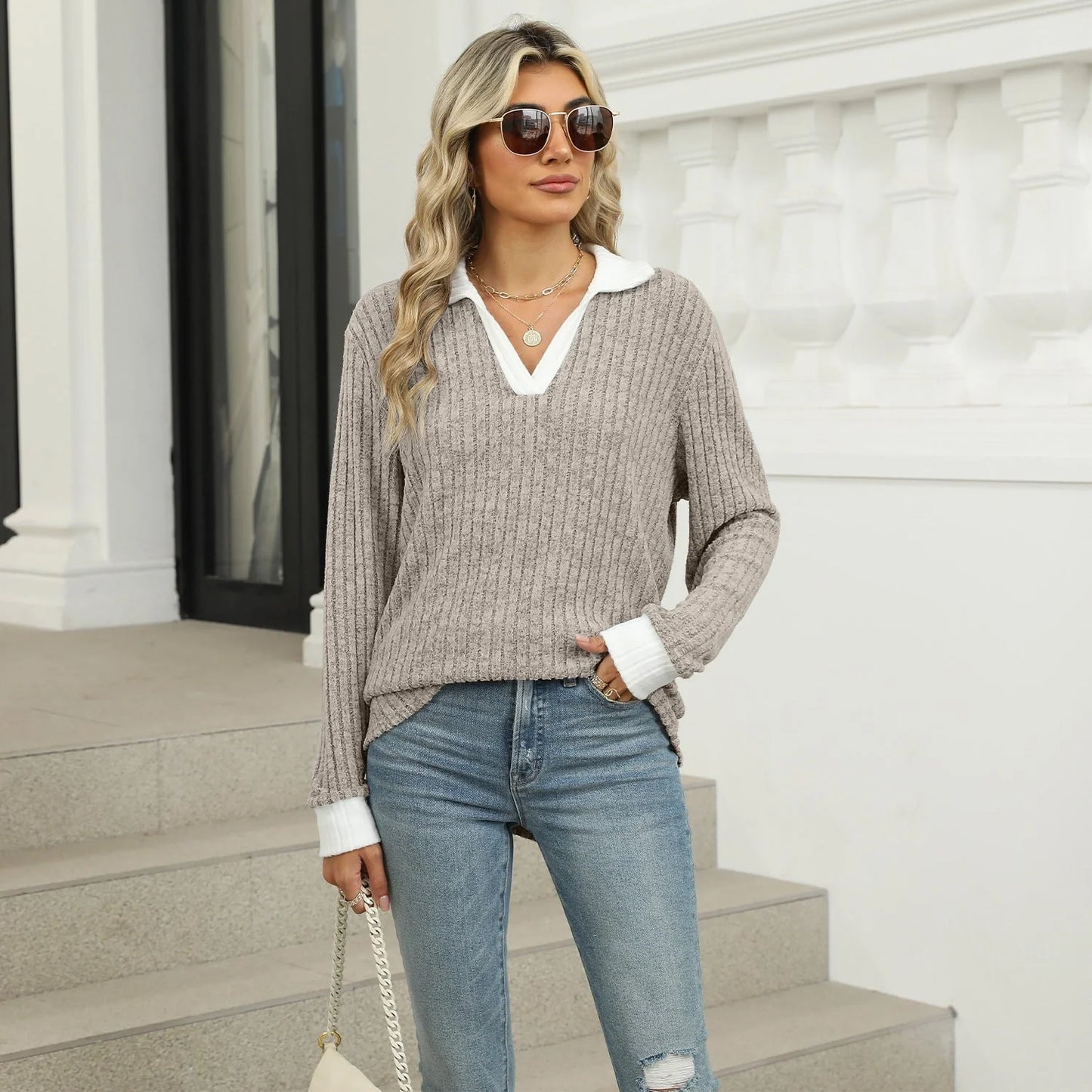 Women's loose-fit lapel long sleeve t-shirt in various colors