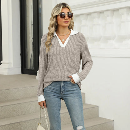 Women's loose-fit lapel long sleeve t-shirt in various colors