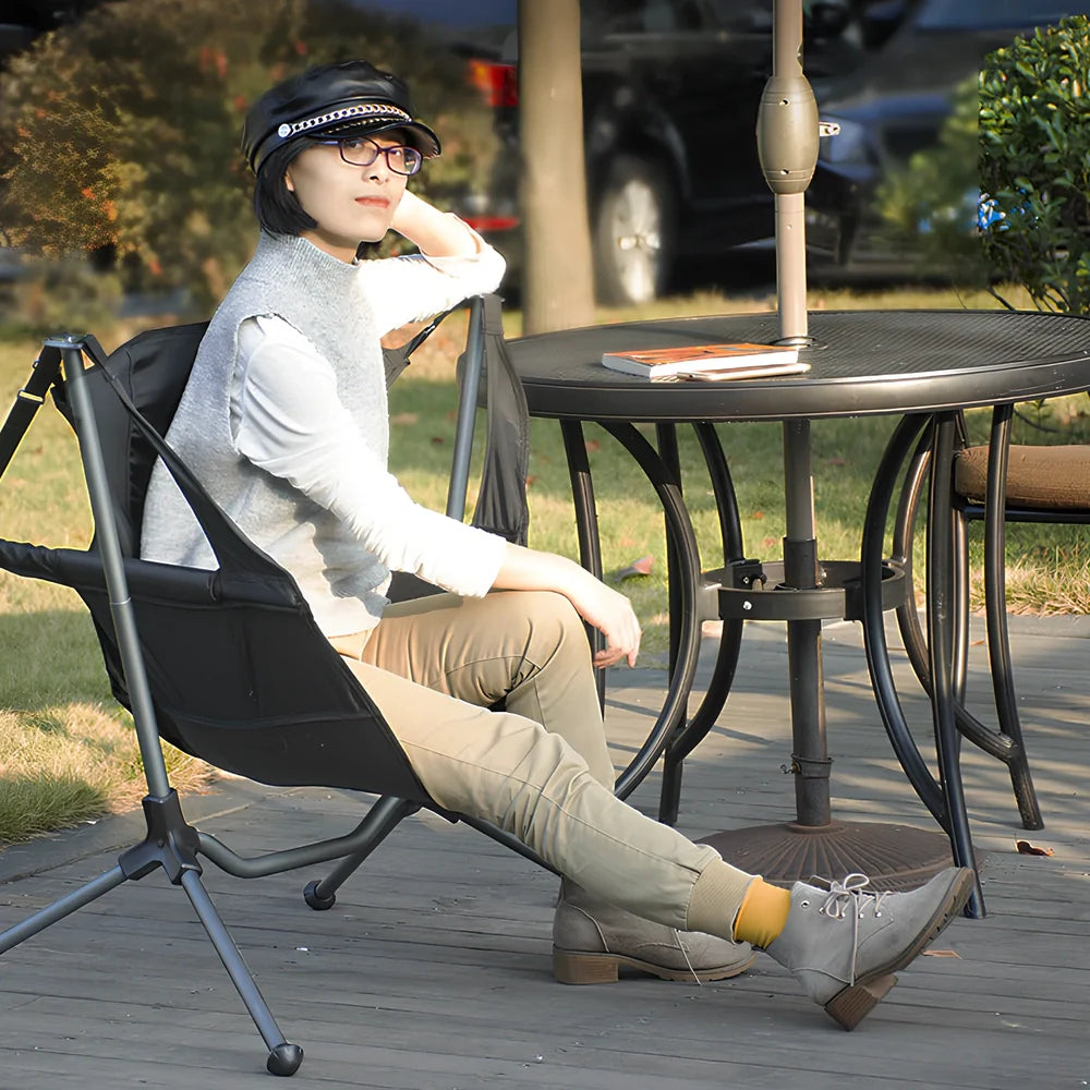 Black foldable aluminium alloy rocking chair, 83x83x65cm unfolded for outdoor balcony or camping, 2.2mm thick 25.5mm tubes