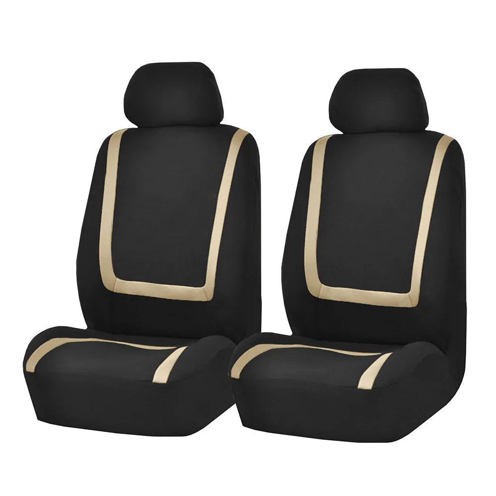 Fully enclosed fabric car seat cover set showing front and rear seat protection in a beige and black colour combination.