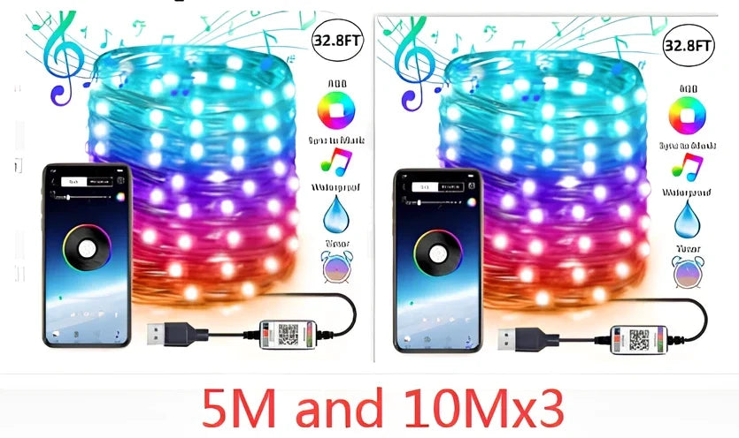 Programmable LED Christmas tree lights with app control showing custom colour animations on festive tree