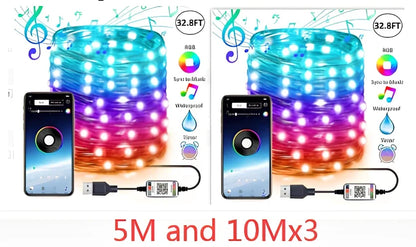 Programmable LED Christmas tree lights with app control showing custom colour animations on festive tree