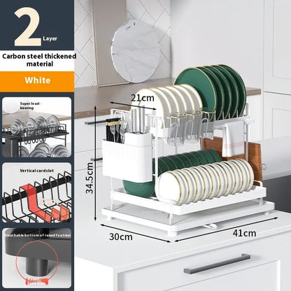White double-layer kitchen storage rack with removable draining section on a countertop