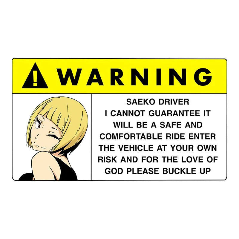 Funny comic car warning sticker measuring 13cm, showing one of eight colourful PVC designs.