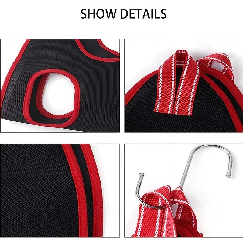 Pet grooming hammock restraint bag hanging for cat or small dog nail clipping and bathing.