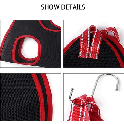 Pet grooming hammock restraint bag hanging for cat or small dog nail clipping and bathing.