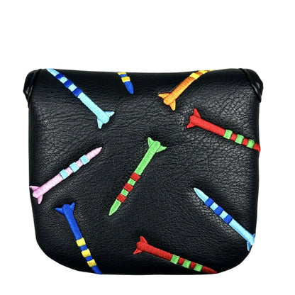 Black and white golf putter protective sleeve with rocket pattern design for square heads