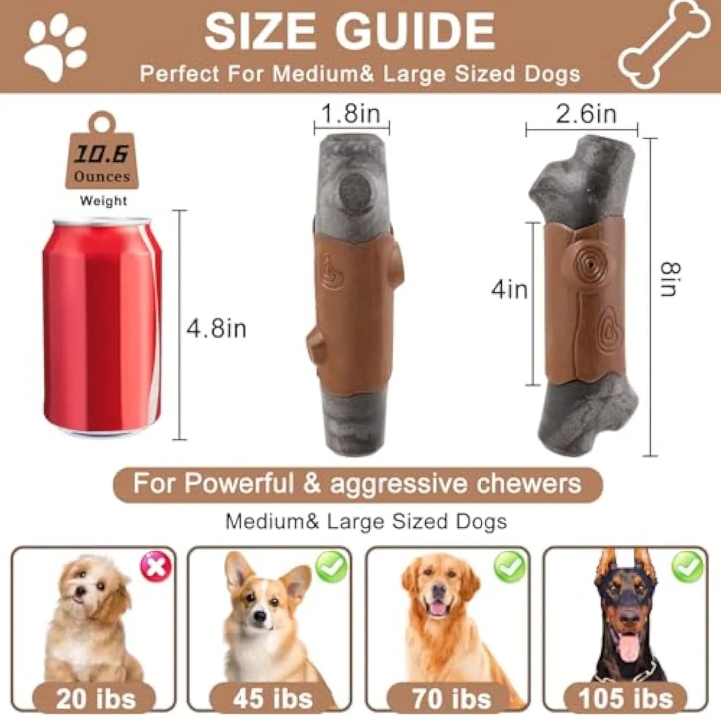 Branch-shaped nylon dog chew toy with squeaker and bacon flavour for aggressive chewers