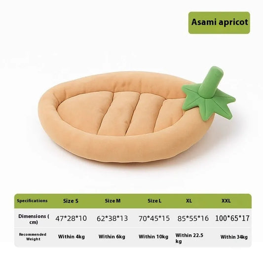 Dog mat with removable cloth cover in brown, gray, orange, or purple, showing size options for small to large dogs.