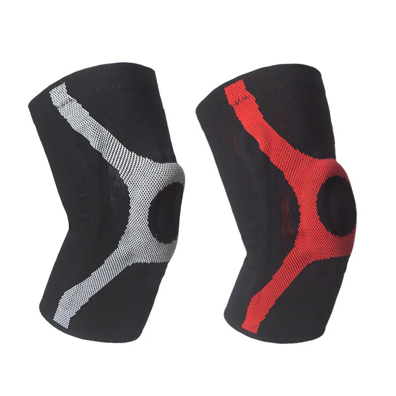 Red silicone knitted sports knee pad shown on a knee, demonstrating its non-slip design for running and climbing.
