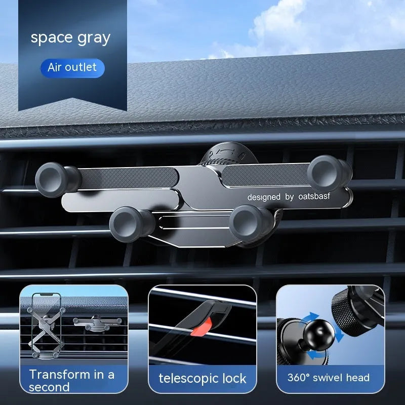 Invisible alloy on-board bracket for mobile phone holders, aluminium alloy ABS silicone construction with snap-on installation, available in silver, grey, and black colour options for car air vent or paste-on mounting