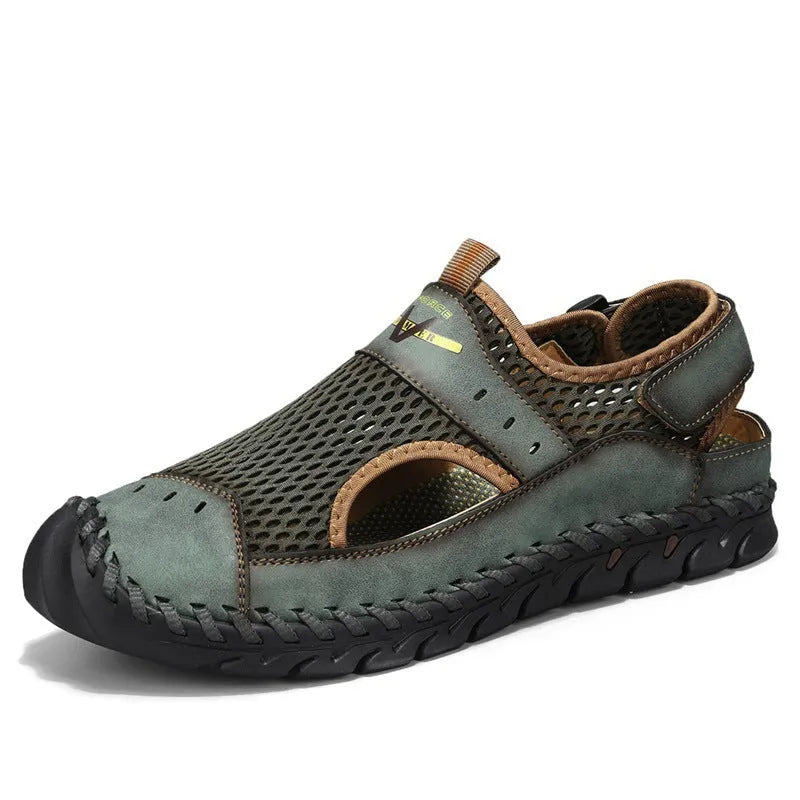 Men's brown leather casual shoe with mesh panels, elastic band, and flat rubber sole.