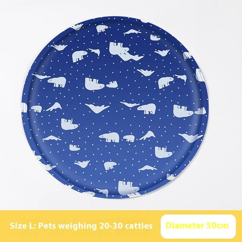 Round pet cooling mat with cartoon dog designs in blue and beige colour options
