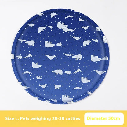 Round pet cooling mat with cartoon dog designs in blue and beige colour options