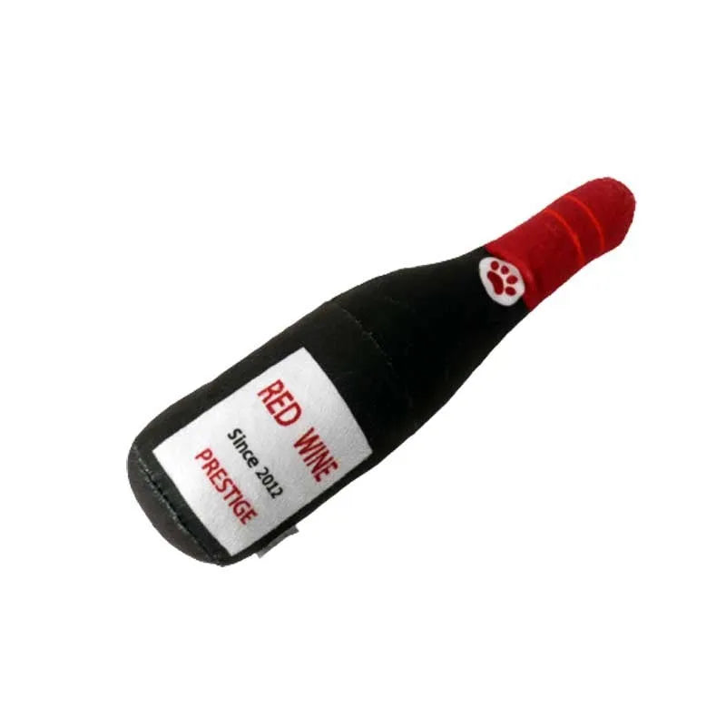 Plush wine bottle pet toy for dogs and cats in six colour variations
