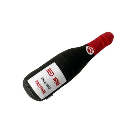 Plush wine bottle pet toy for dogs and cats in six colour variations